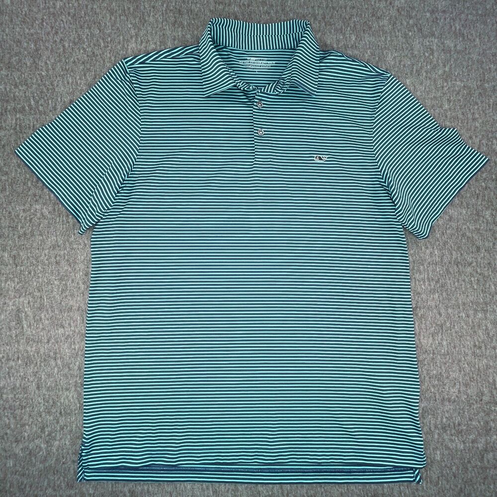 Vineyard Vines Large Golf Polo Sankaty Stripe Navy Teal Performance Stretch - Picture 2 of 13